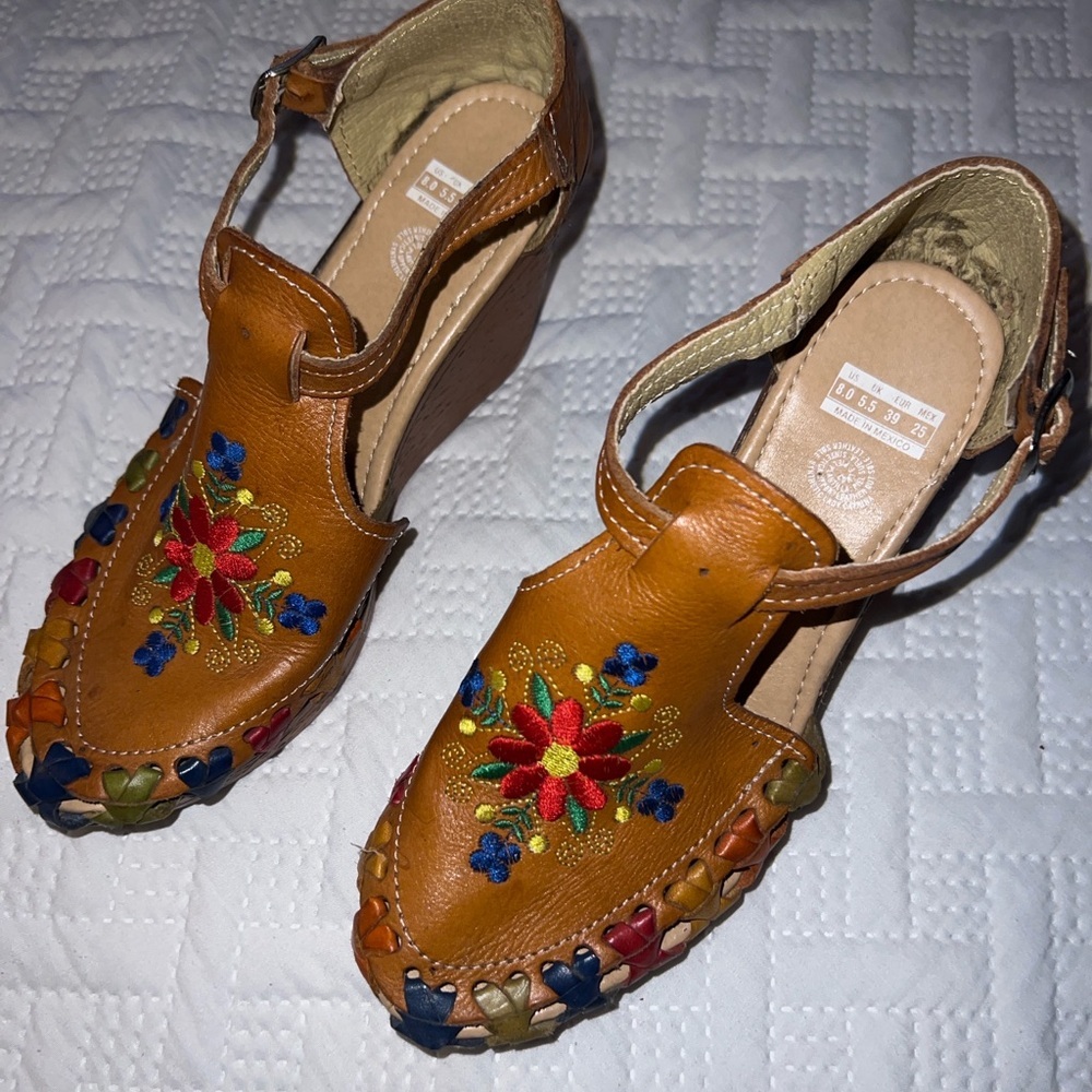 Colorful Embroidered Leather Wedge Sandals